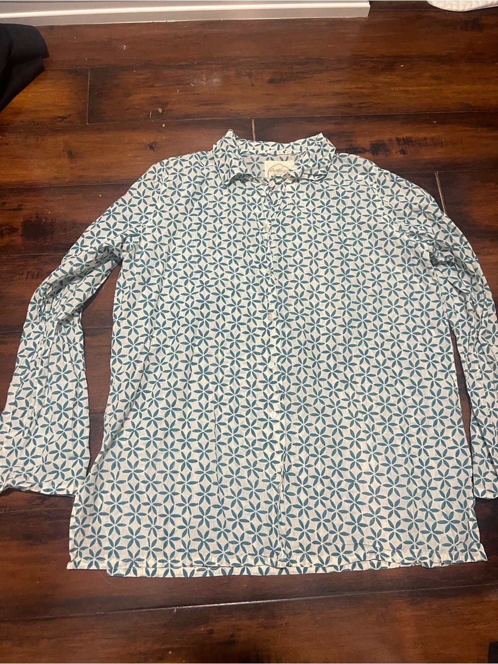 Geometric Print Button-Down Shirt - Teal & White by Auntie Oti